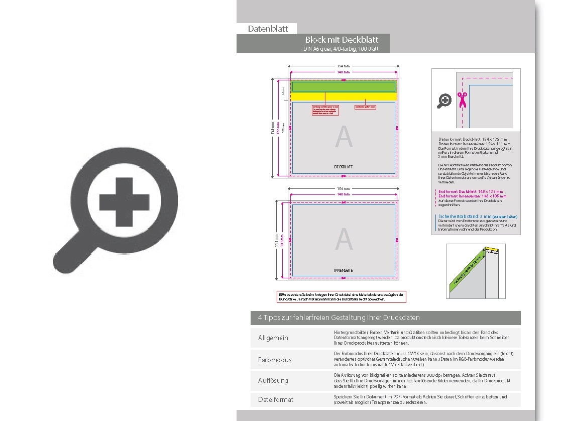Product Bild block_mit_leimbindung_und_deckblatt__din_a6_quer__100_blatt__4_0_farbig_einseitig_bedruckt